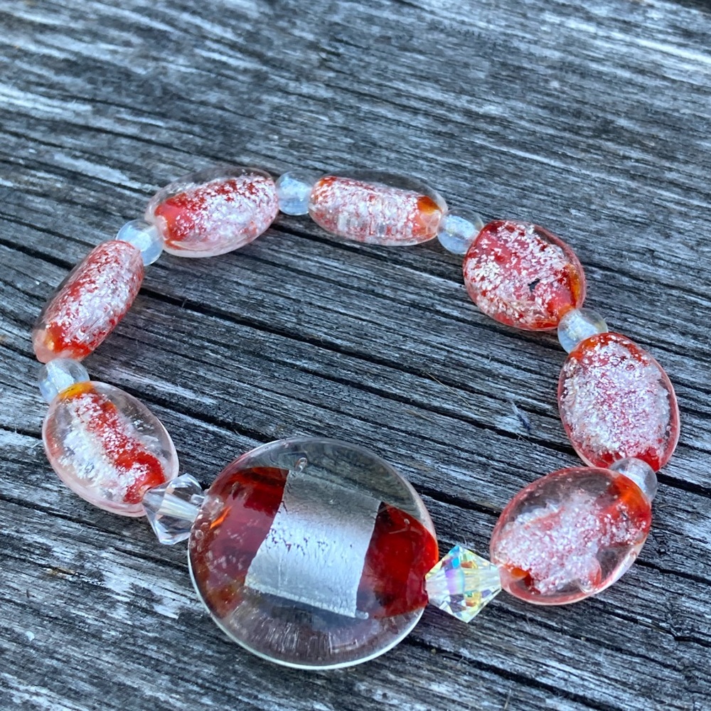NWT Red Clear & Silver Lampwork Glass Swarovski Crystals Stretch Bracelet …